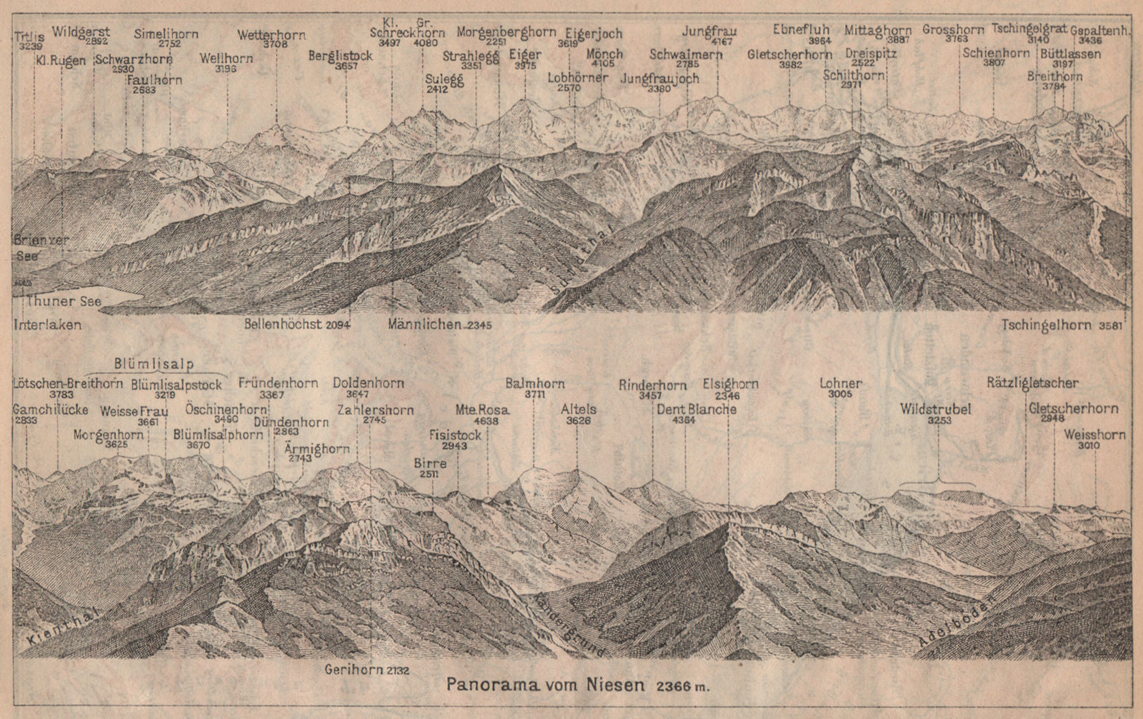 PANORAMA from/von NIESEN 2366m. Blumisalp Jungfrau Switzerland Schweiz 1905 map